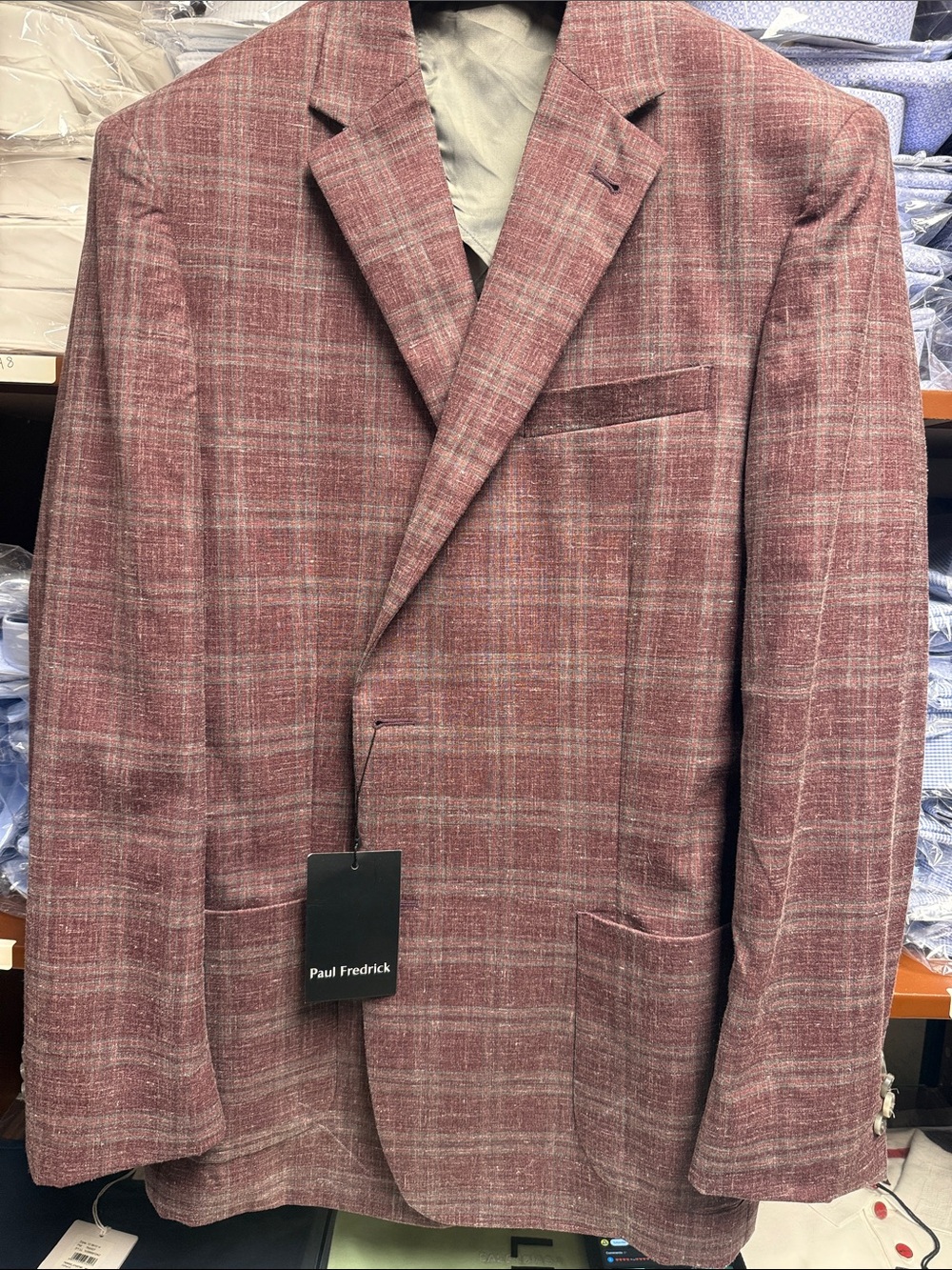 Paul Fredrick Men's Maroon Plaid Sport Coat 65% wool 20% silk 15% linen